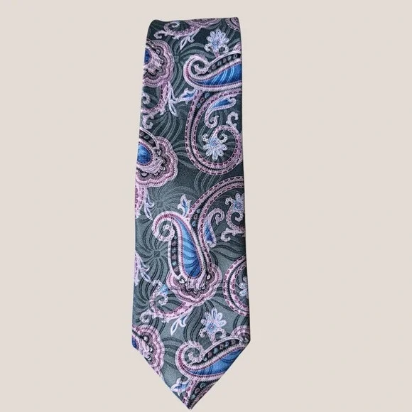 Ermenegildo Zegna Necktie 100% Italian Silk Paisley Blue Pink Grey 3.25"x61.5" - Picture 1 of 7